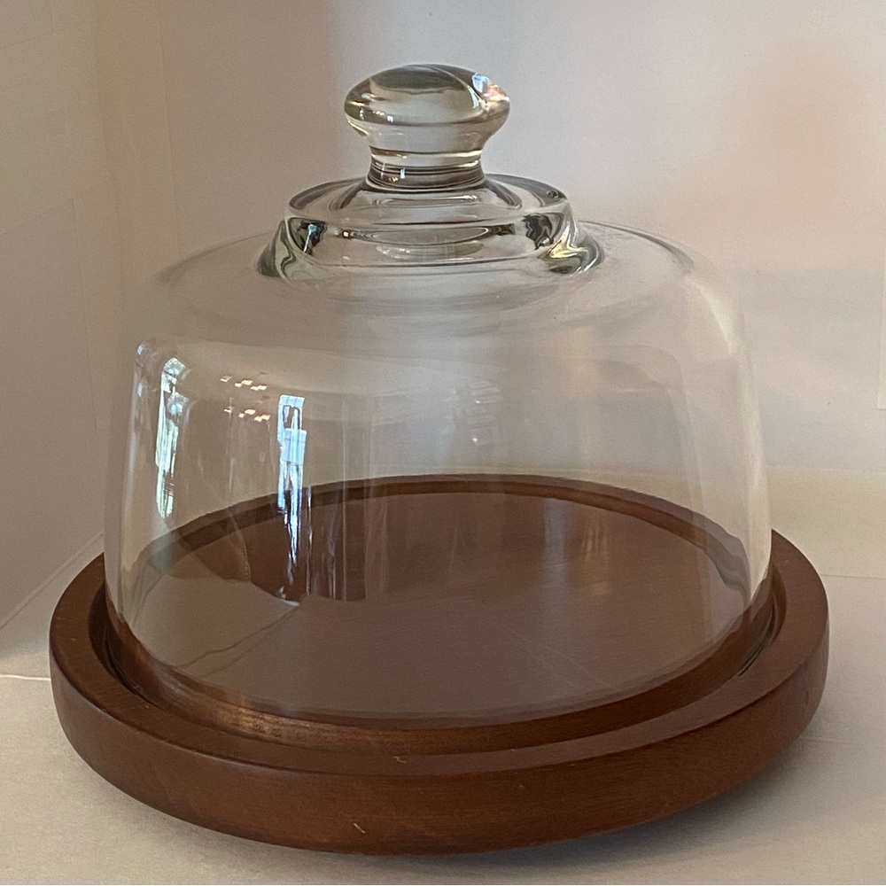 Vintage Goodwood Cheese Cloche Glass Top Wood Base w/ Feet Farmhouse Cottagecore